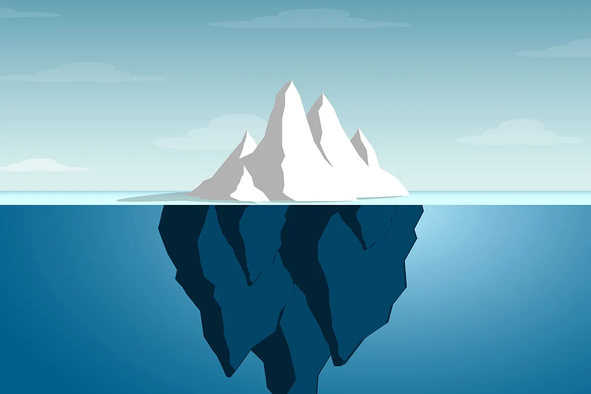 Et isfjell, med 20% overvann og 80% under vann.