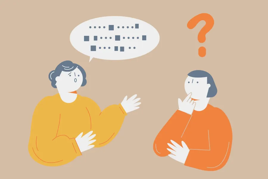 To personer som snakker sammen, den ene snakker mens den andre har et spørsmålstegn over hodet.