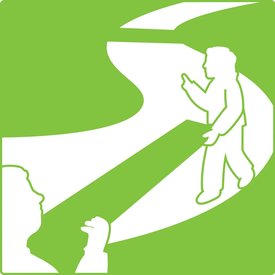 Illustrasjonen viser to personer som bærer en planke mellom seg mens de går over en vei der det mangler en planke. Illustrasjonen representerer ambisjonen om fremragende rehabilitering i et ledende forsknings- og kunnskapsmiljø.