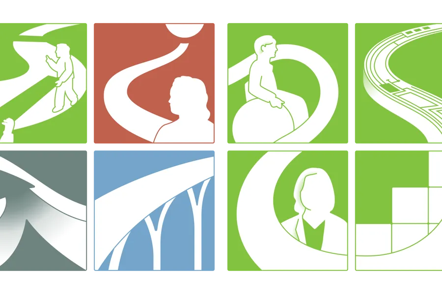 Illustrasjonen viser en samling ikoner som representerer de forskjellige ambisjoner og fremtidsbildene i utviklingsplan 2040.