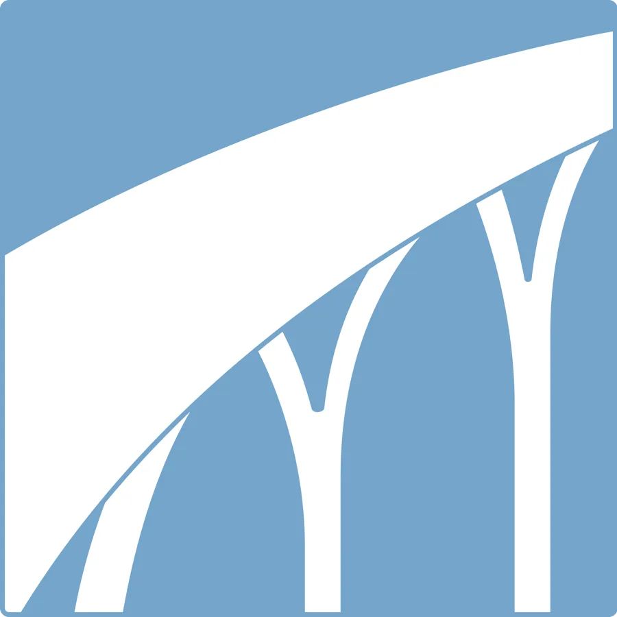 Illustrasjonen viser en bro med tre bærende pilarer. Illustrasjonen representerer fremtidsbildet som samfunnsaktør, «vi løfter rehabilitering i og for samfunnet».