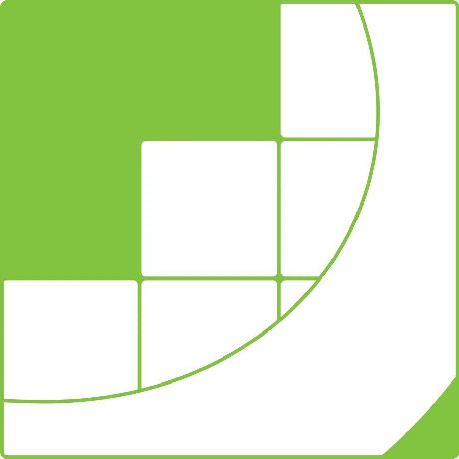 Illustrasjonen viser et kvadrat som dekker halve bildeflaten, med en bueformet linje på høyre side. Illustrasjonen representerer innsatsområdet organisasjon og ledelse.