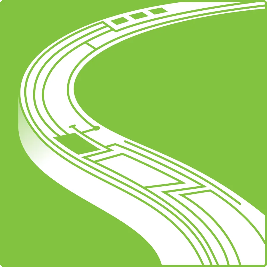 Illustrasjonen viser en stilisert vei med digitale elementer som mikrobrikker og kabler. Illustrasjonen representerer innsatsområdet teknologi og forskning.