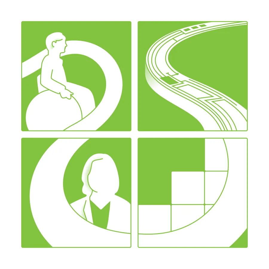 Illustrasjonen samler fire ikoner som illustrerer våre innsatsområder: pasienter, teknologi, organisasjon og medarbeidere