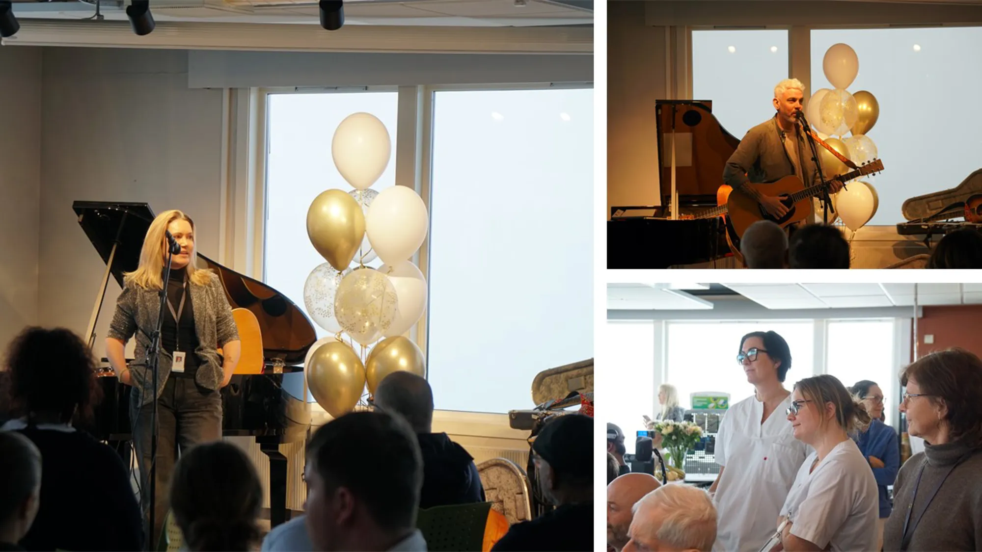 Collage tre bilder hvor to er en kvinne og en mann som snakker i mikrofon og spiller gitar. Bilde tre er publikum