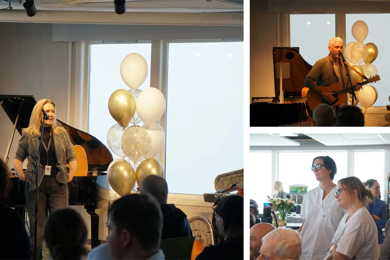 Collage tre bilder hvor to er en kvinne og en mann som snakker i mikrofon og spiller gitar. Bilde tre er publikum