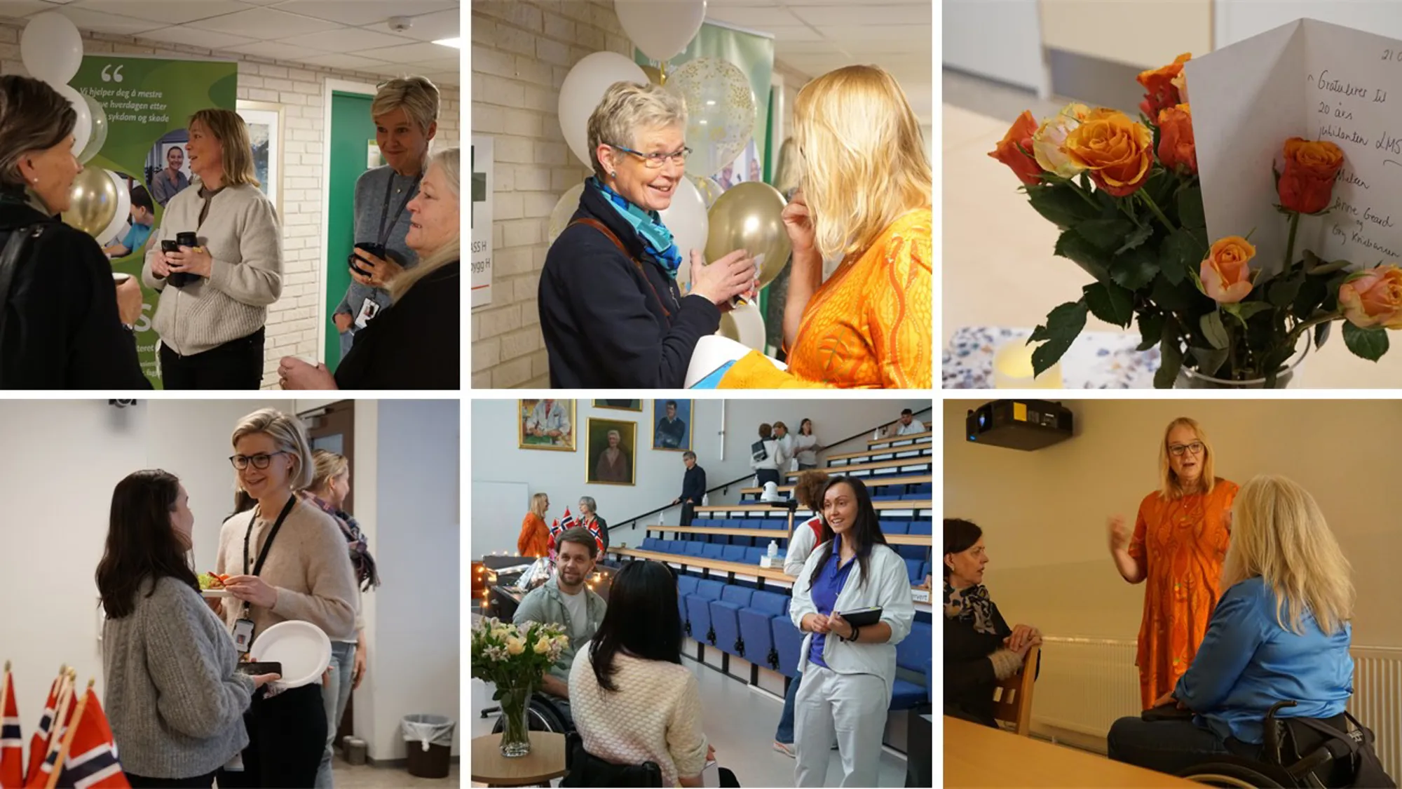 Collage med stemningsbilder av blide personer som snakker sammen i forkant av en fest