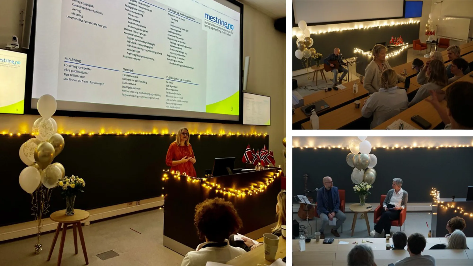 Bildecollage tre bilder fra auditoriet med personer som taler