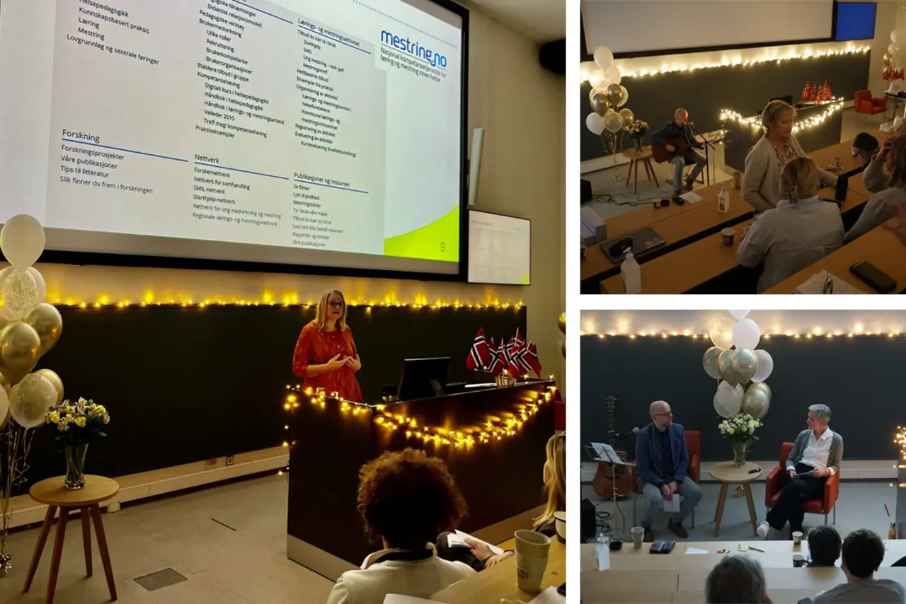 Bildecollage tre bilder fra auditoriet med personer som taler