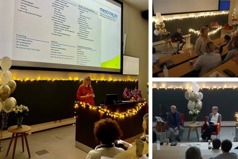 Bildecollage tre bilder fra auditoriet med personer som taler
