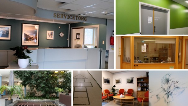 En collage av bilder av et rom med bord og stoler