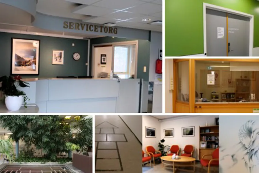 En collage av bilder av et rom med bord og stoler