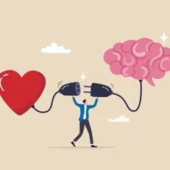 En person som kobler sammen en hjerne og et hjerte med en ledning