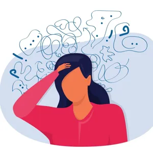 En person som holder seg til hodet. Rundt hodet ser du forskjellige figurer som symboliserer aktivitet.