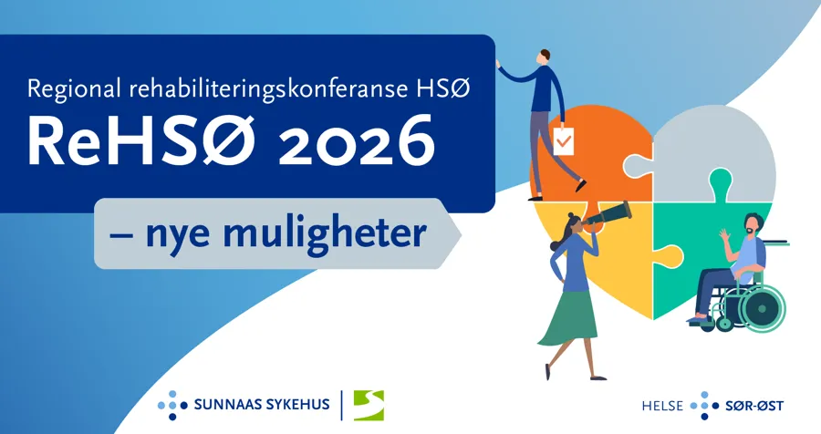 Banner med teksten: Regional rehabiliteringskonferanse 2026, ReHSØ 2026 – nye muligheter. Logo til Sunnaas sykehus og Helse Sør-Øst.