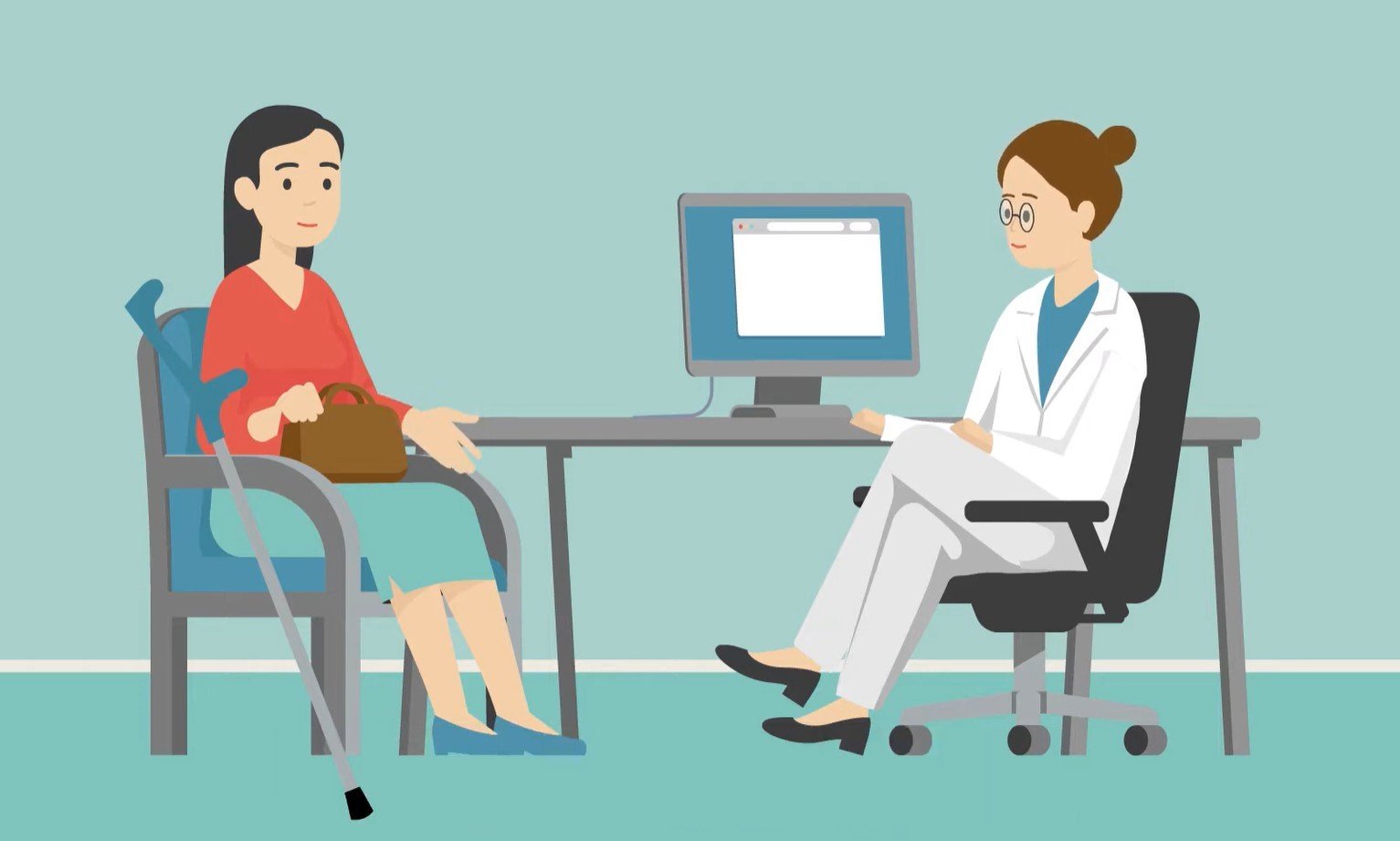 Illustrasjon hvor en pasient og en lege sitter ved et bord med en datamaskin i mellom seg