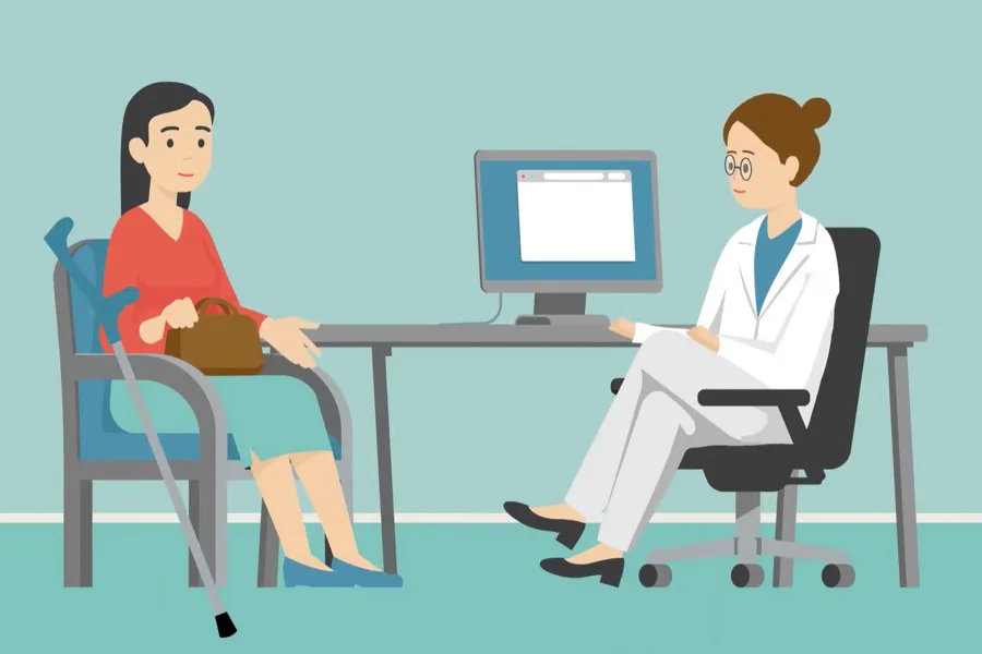 Illustrasjon hvor en pasient og en lege sitter ved et bord med en datamaskin i mellom seg