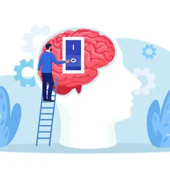 En person som står på en stige og trykker på en av/på-knapp på en hjerne