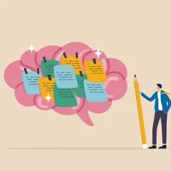 En mann som står med en blyant ved siden av en stor hjerne. På hjernen er det klistret huskelapper.