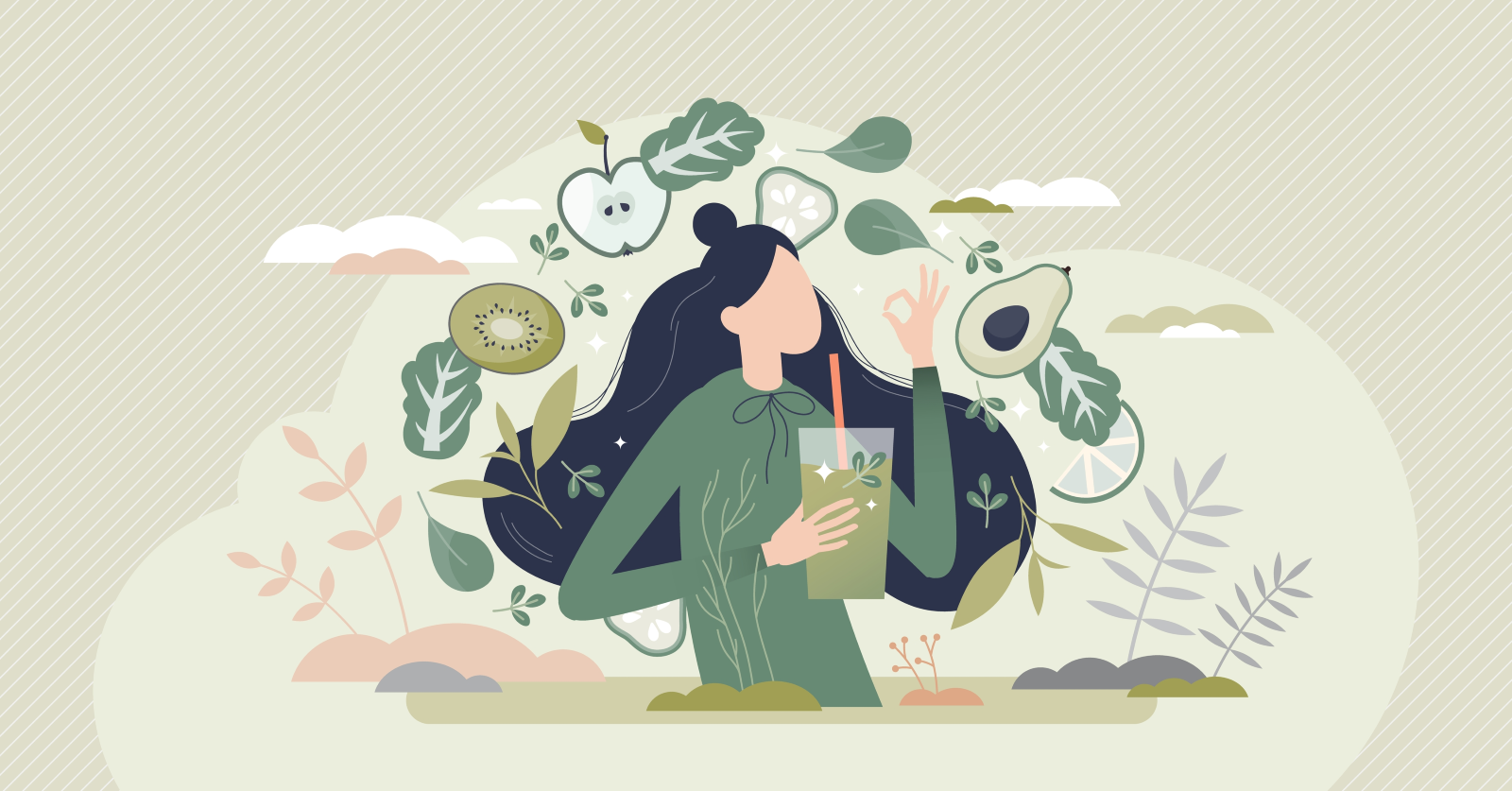 Kvinne som drikker en smothie, rundt henne er sunne matvarer.