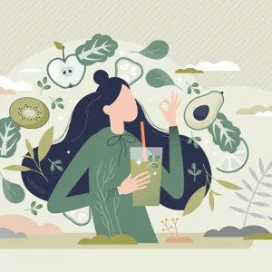 Kvinne som drikker en smothie, rundt henne er sunne matvarer.