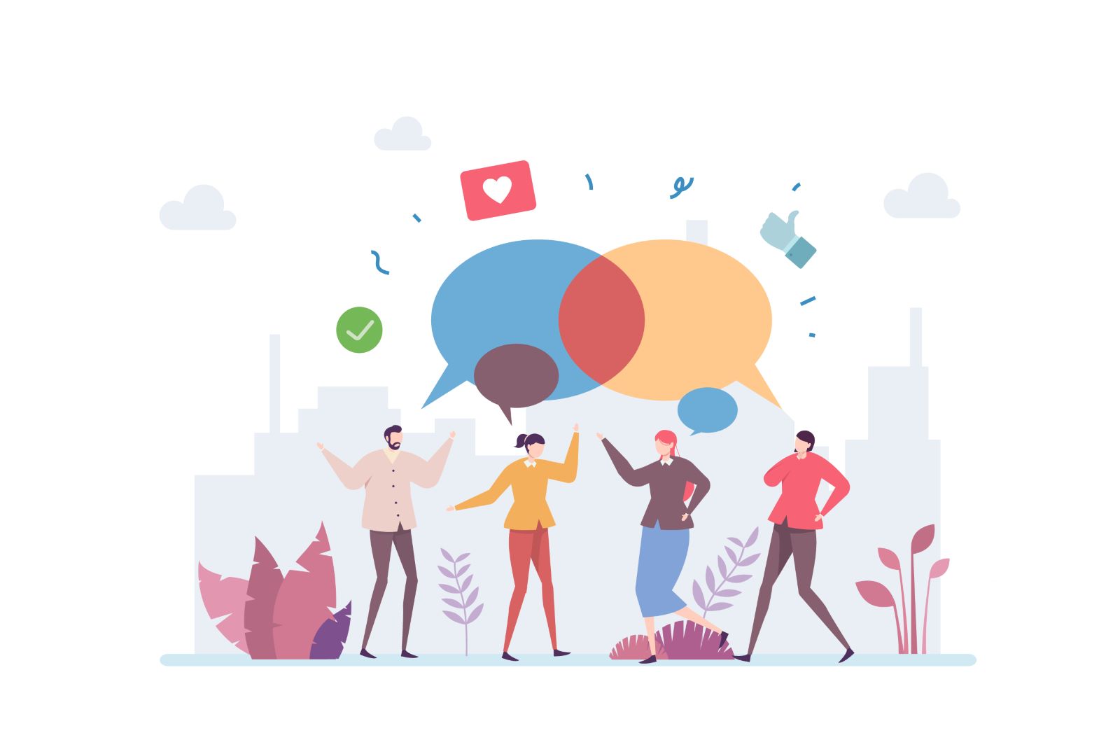 En gruppe mennesker. Det kommer talebobler ut fra dem. De kommuniserer.