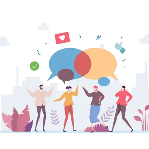 En gruppe mennesker. Det kommer talebobler ut fra dem. De kommuniserer.