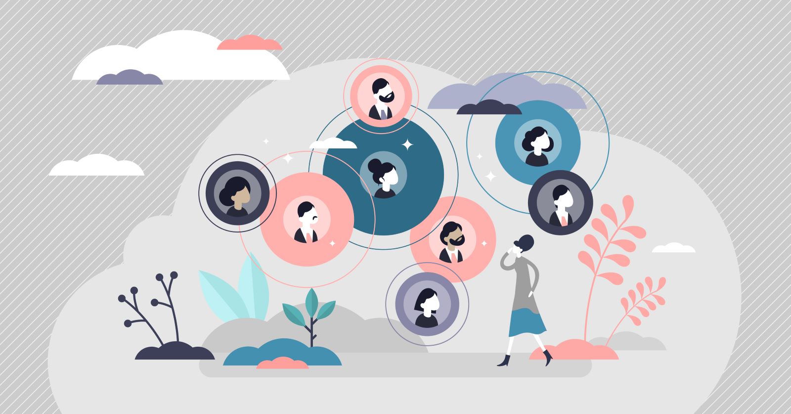 En kvinne med bobler rundt som representerer nettverket hennes.