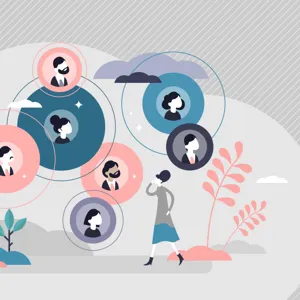 En kvinne med bobler rundt som representerer nettverket hennes.