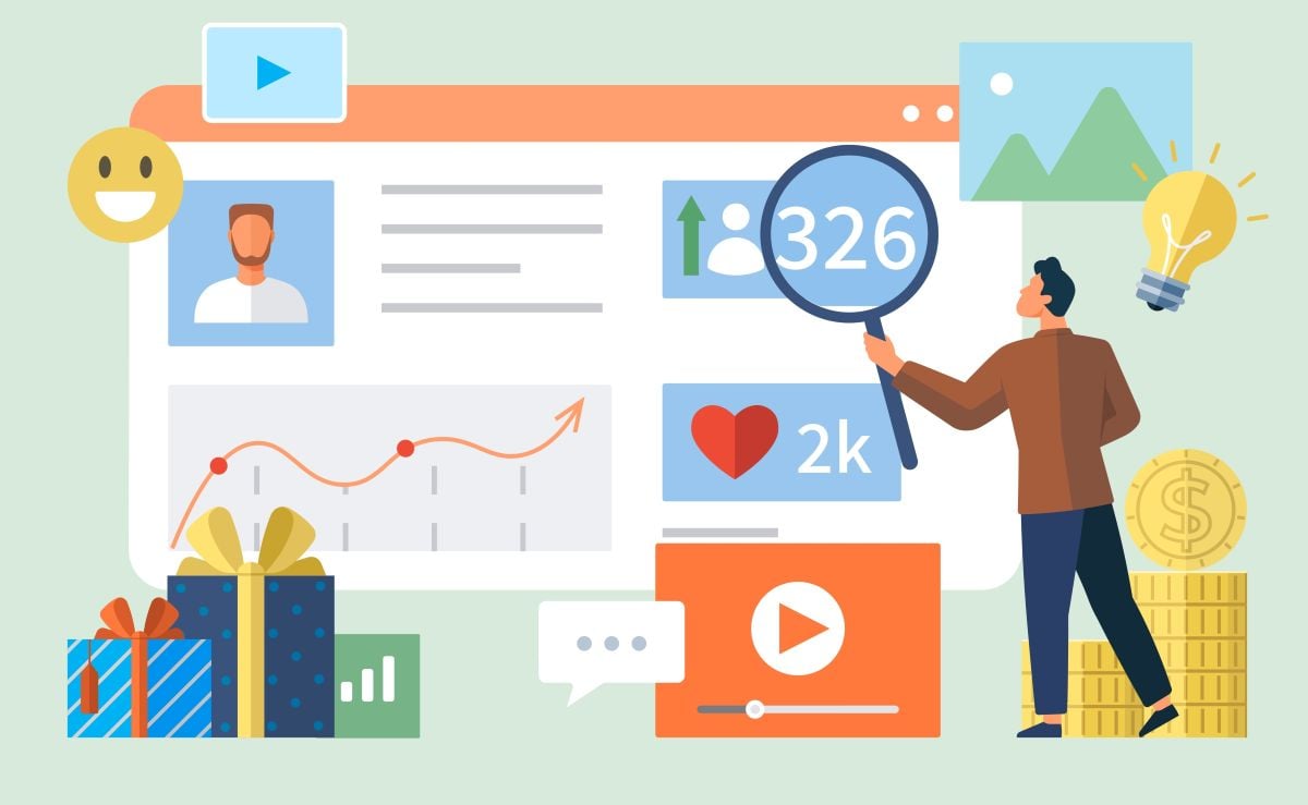 Illustrasjon av mann som kikker på en skjerm med tall og grafer på.