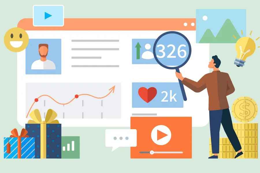 Illustrasjon av mann som kikker på en skjerm med tall og grafer på.