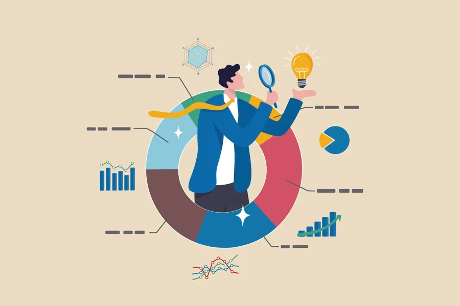 Mann som står i et sirkeldiagram omgitt av grafer. Han kikker på en lyspære gjennom et forstørrelsesglass