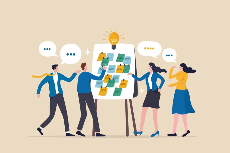 Mennesker som idemyldrer på en tavle.