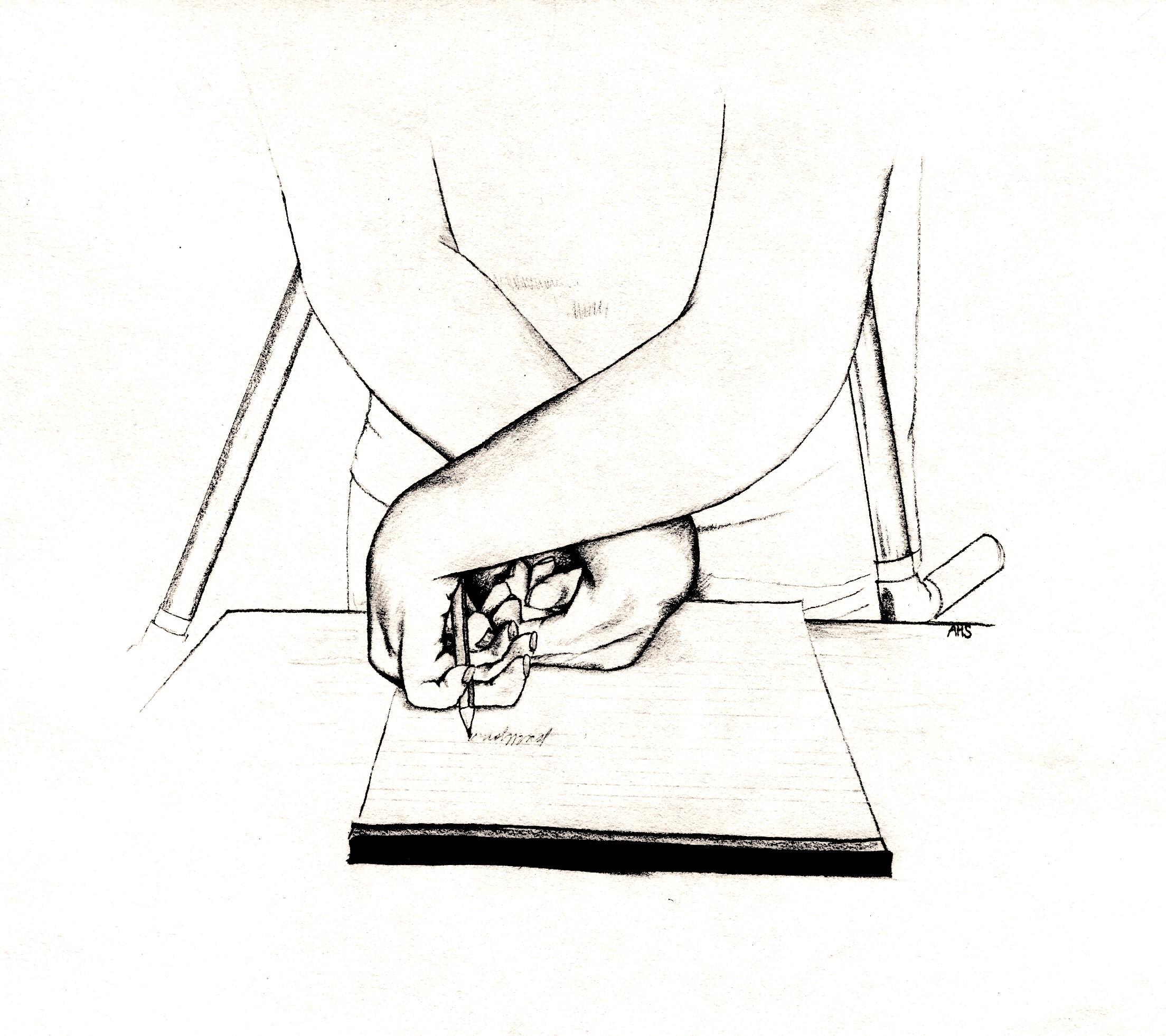 Illustrasjon av person med arthrogryposis multiplex congenita som skriver med kryssgrep