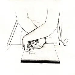 Illustrasjon av person med arthrogryposis multiplex congenita som skriver med kryssgrep