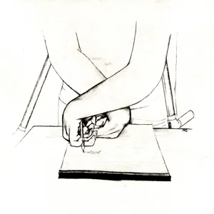 Illustrasjon av person med arthrogryposis multiplex congenita som skriver med kryssgrep