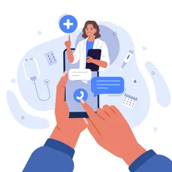 Illustrasjon som viser pasient som har online kommunikasjon med et sykehus via smarttelefon.