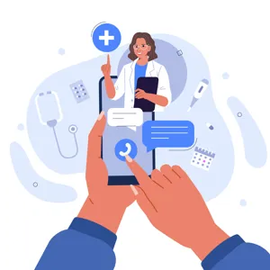 Illustrasjon som viser pasient som har online kommunikasjon med et sykehus via smarttelefon.