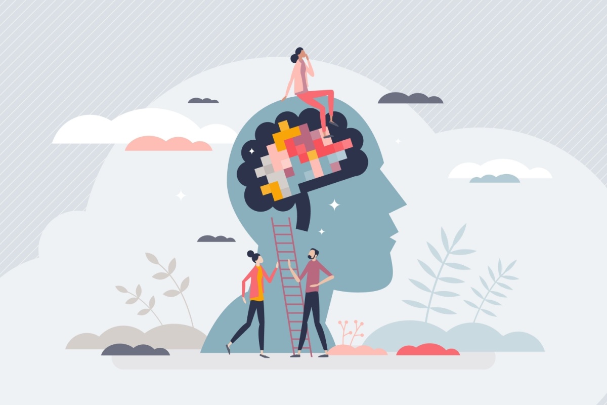 En hjerne med mange farger.