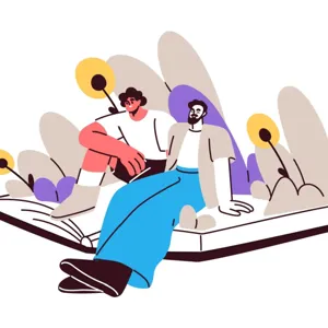 To menn som sitter og snaker på en bok