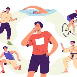 En person står og tenker, rundt han ser du forskjellige fysiske aktiviteter han kan gjøre. Som løpe, spille ball, sykle, svømme og kampsport.