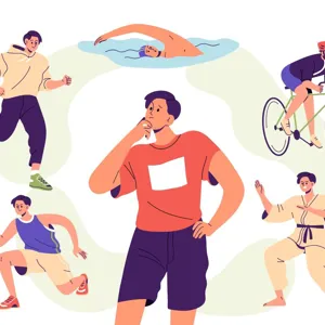 En person står og tenker, rundt han ser du forskjellige fysiske aktiviteter han kan gjøre. Som løpe, spille ball, sykle, svømme og kampsport.