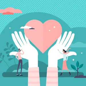 To hender som holder om et hjerte. Det står to mennesker og ser på.