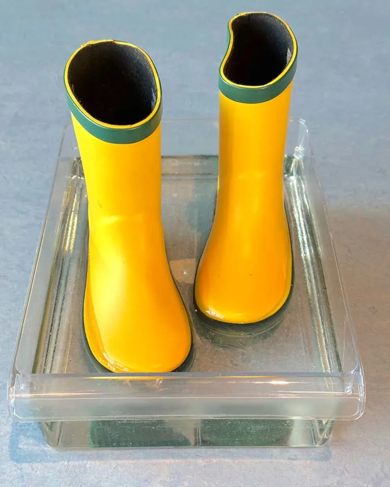 Et par barnestøvler i et fat med vann (kunstverk)