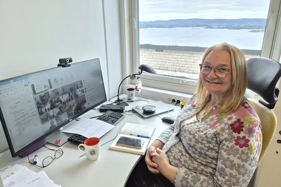 En person som sitter ved et skrivebord med en datamaskin og et vindu
