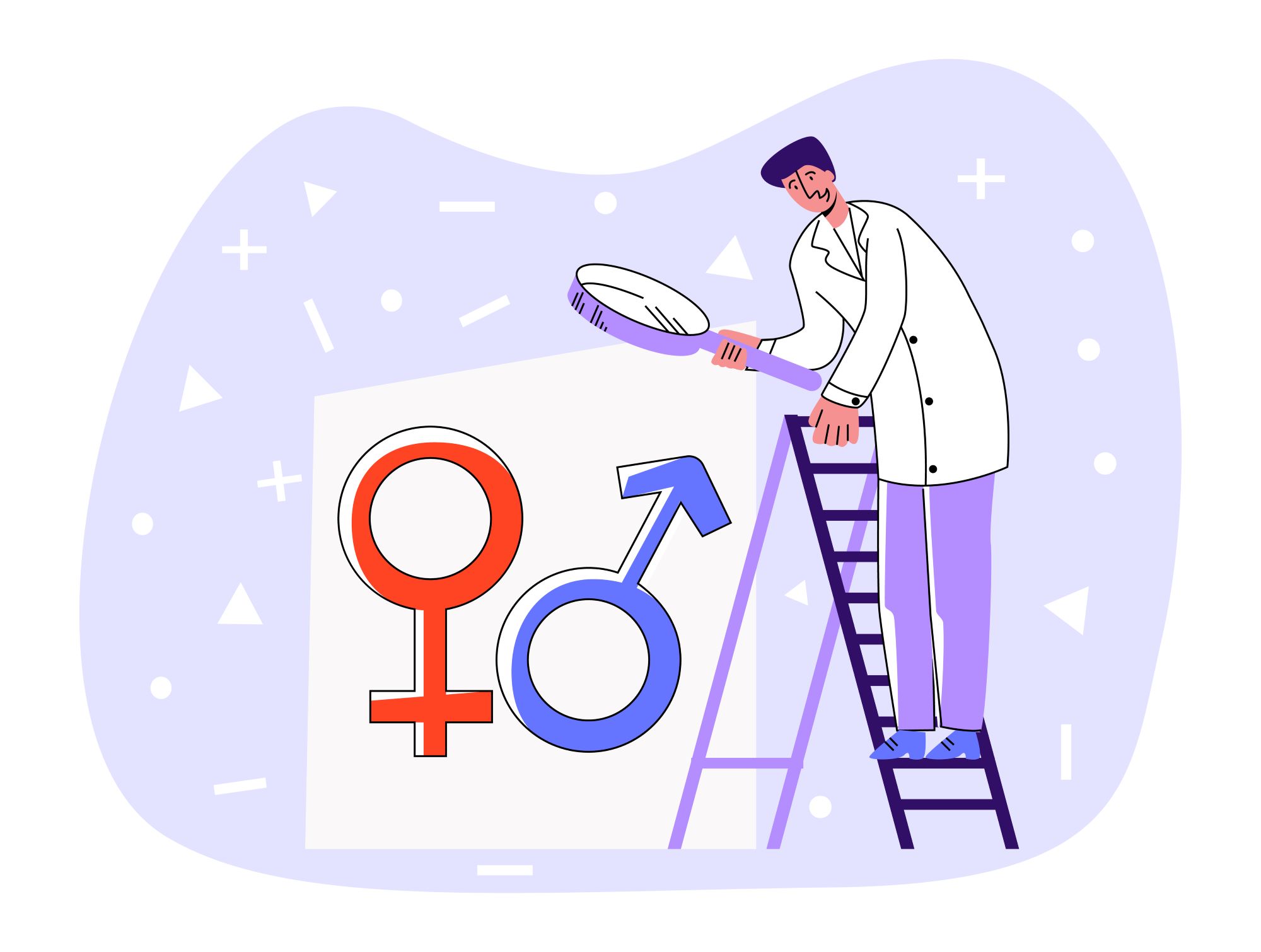En lege som står på en trapp og kikker med et forstørrelsesglass på kvinne- og mannsymbolene.