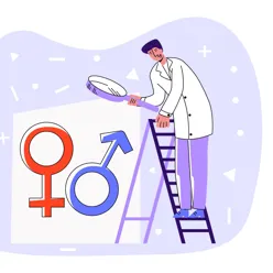 En lege som står på en trapp og kikker med et forstørrelsesglass på kvinne- og mannsymbolene.