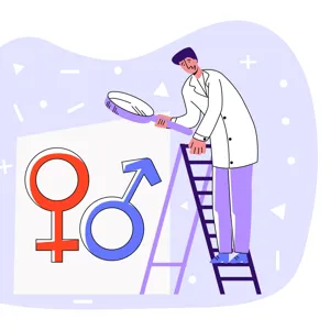 En lege som står på en trapp og kikker med et forstørrelsesglass på kvinne- og mannsymbolene.