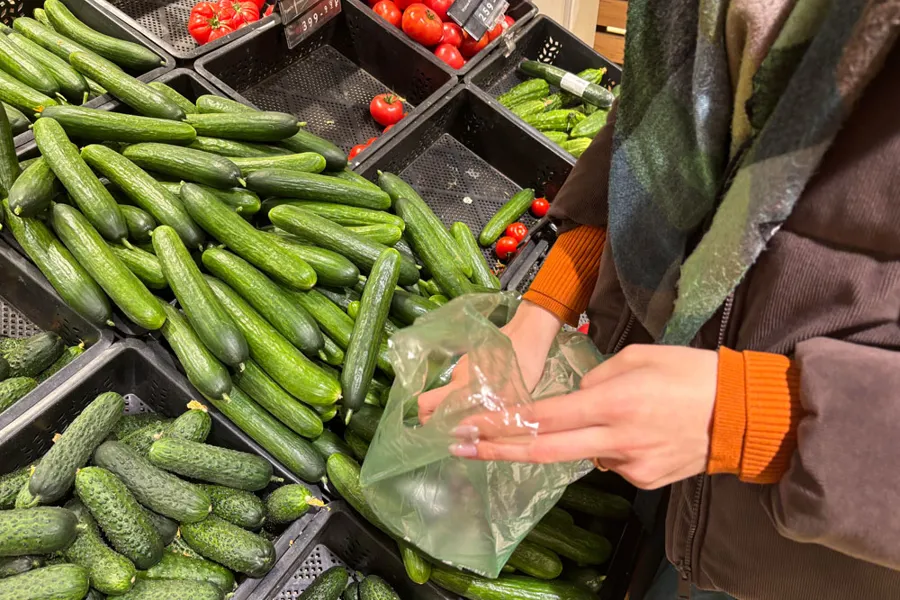 A person holding a bag of vegetables