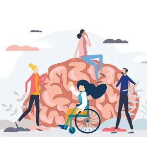 Illustrasjon av en hjerne med fire personer rundt.